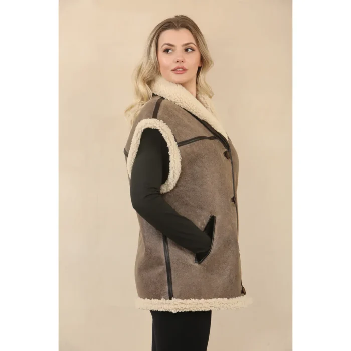 Women's Rustic Brown Shearling Leather Gilet - Image 5