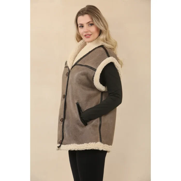 Women's Rustic Brown Shearling Leather Gilet - Image 6