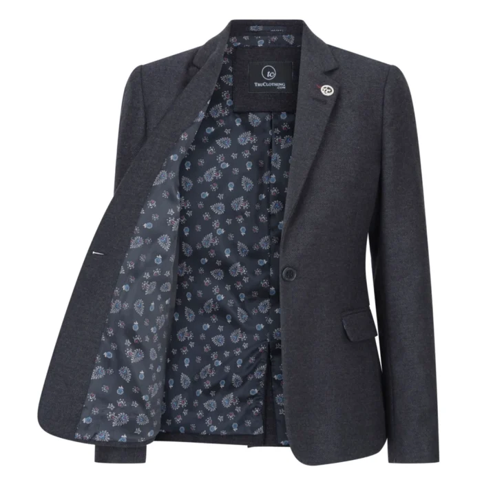 Women Black Blazer Waistcoat Tweed Herringbone Wool Classic Smart Casual Vintage 1920s - Image 2
