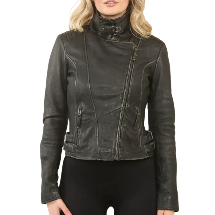 Women's Black Cross Zip Leather Brando Biker Jacket - Image 1