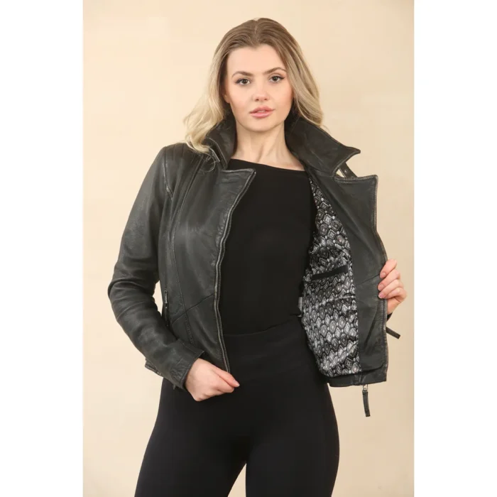 Women's Black Cross Zip Leather Brando Biker Jacket - Image 2