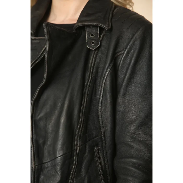 Women's Black Cross Zip Leather Brando Biker Jacket - Image 7