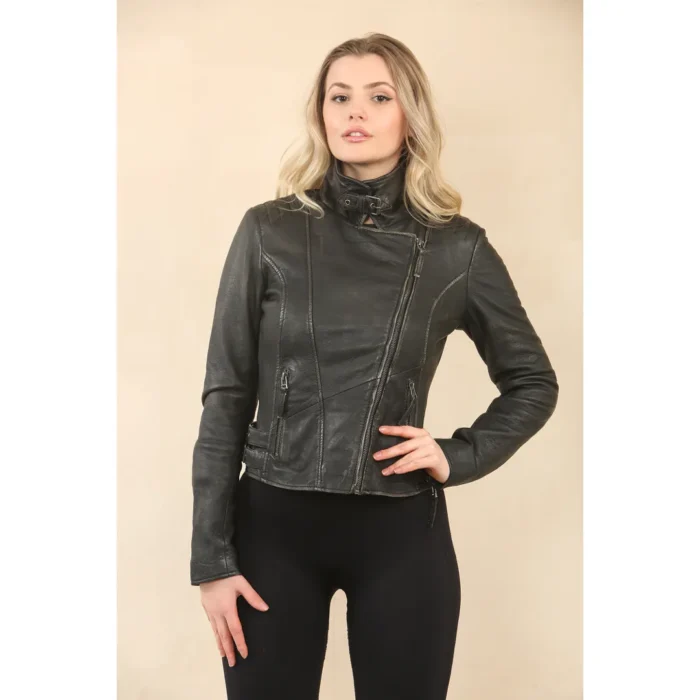 Women's Black Cross Zip Leather Brando Biker Jacket - Image 4