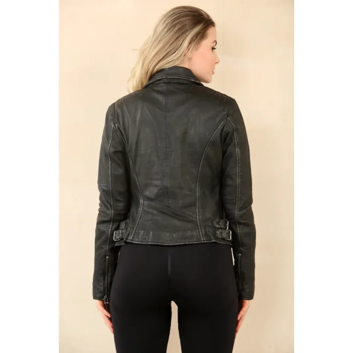 Women's Black Cross Zip Leather Brando Biker Jacket - Image 3