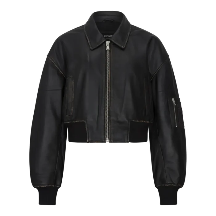 Women's Leather Jacket Cropped Bomber Zipper Short Coat - Image 5