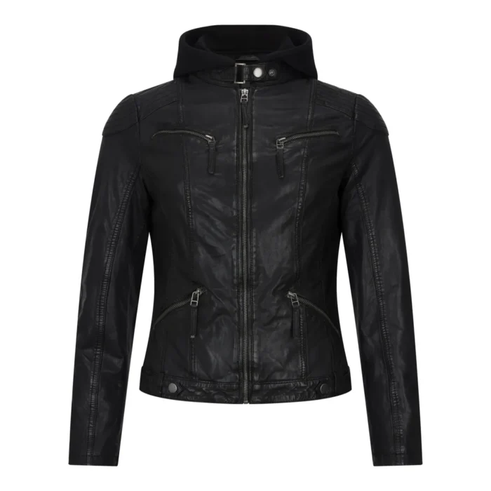 Women's Leather Jacket Hooded Biker Motorcycle Coat - Image 1