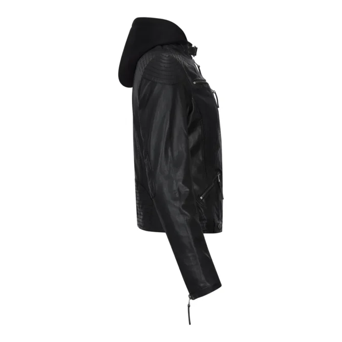 Women's Leather Jacket Hooded Biker Motorcycle Coat - Image 2