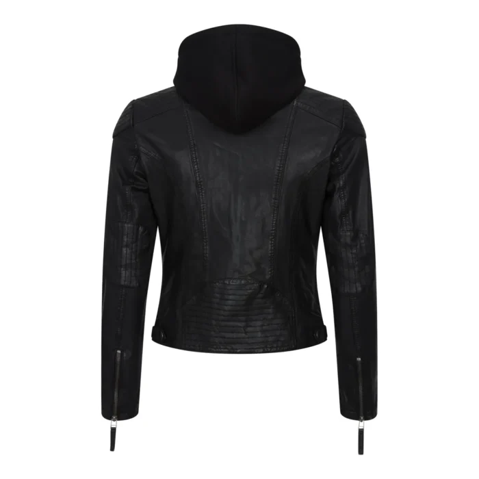 Women's Leather Jacket Hooded Biker Motorcycle Coat - Image 3