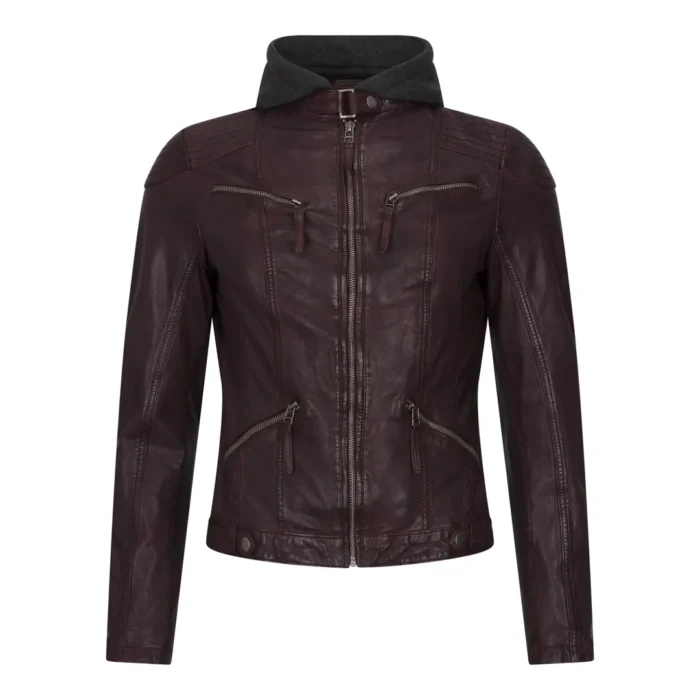 Women's Leather Jacket Hooded Biker Motorcycle Coat - Image 5
