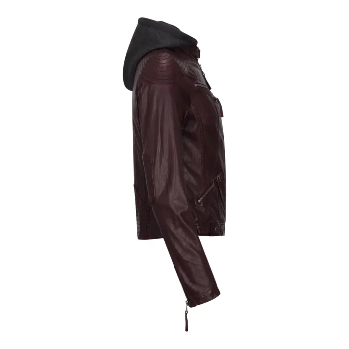 Women's Leather Jacket Hooded Biker Motorcycle Coat - Image 8