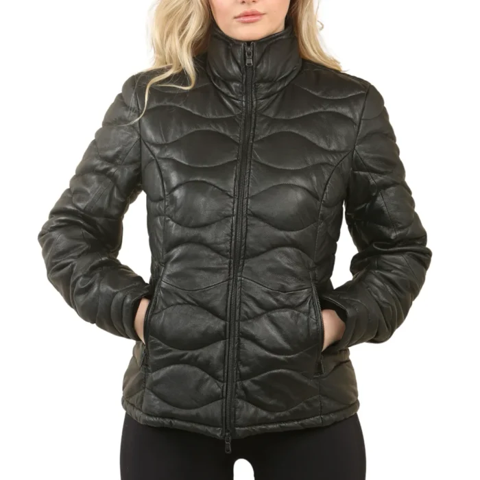 Women's Puffer Quilted Mid Length Leather Jacket - Image 1