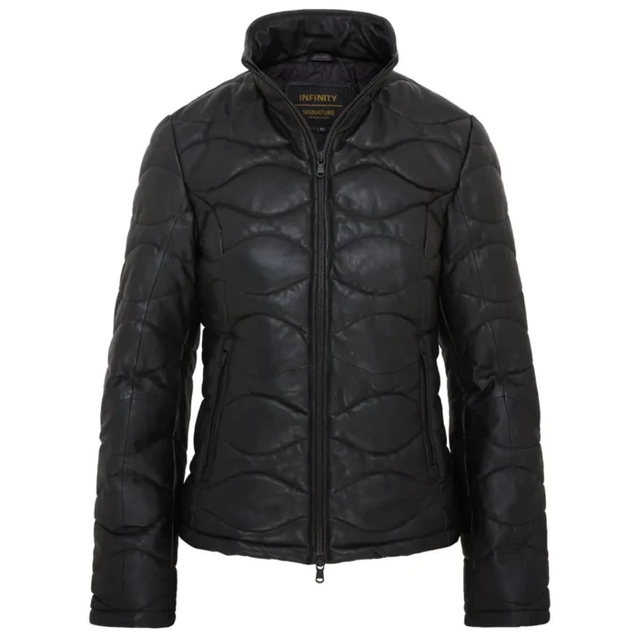 Women's Puffer Quilted Mid Length Leather Jacket - Image 2