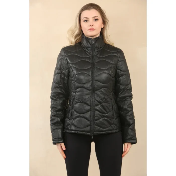 Women's Puffer Quilted Mid Length Leather Jacket - Image 4