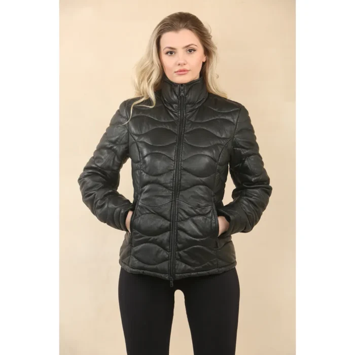Women's Puffer Quilted Mid Length Leather Jacket - Image 5