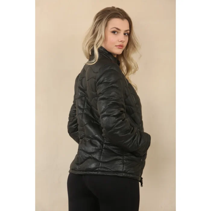 Women's Puffer Quilted Mid Length Leather Jacket - Image 6