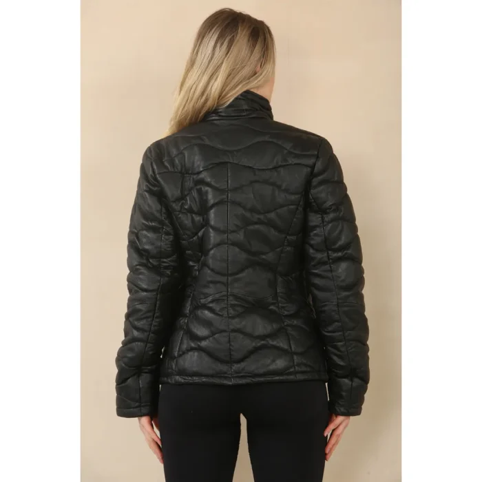 Women's Puffer Quilted Mid Length Leather Jacket - Image 7