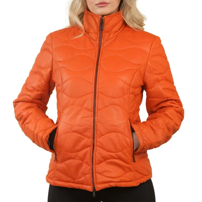 Women's Puffer Quilted Mid Length Leather Jacket - Image 8