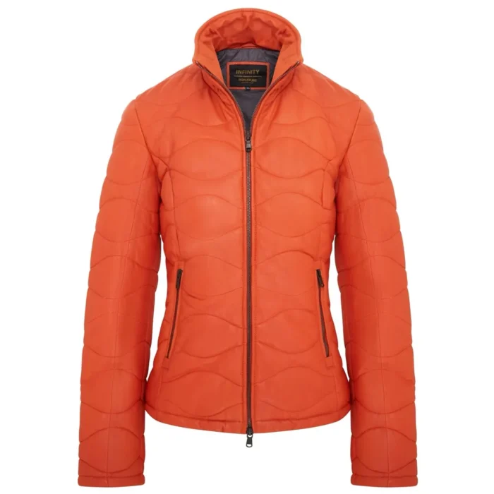 Women's Puffer Quilted Mid Length Leather Jacket - Image 9