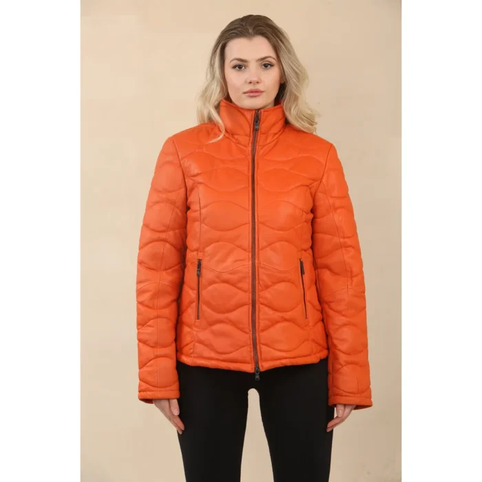 Women's Puffer Quilted Mid Length Leather Jacket - Image 10