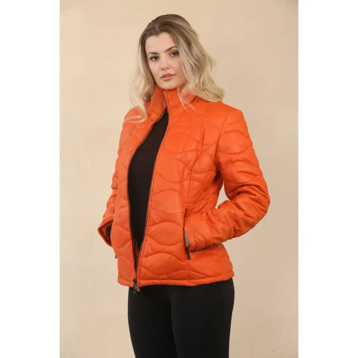 Women's Puffer Quilted Mid Length Leather Jacket - Image 11
