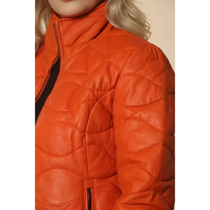 Women's Puffer Quilted Mid Length Leather Jacket - Image 12