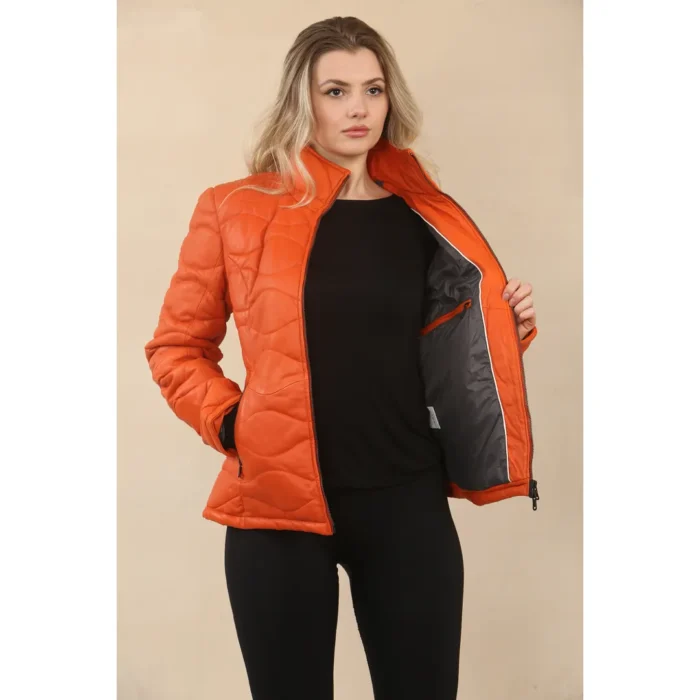 Women's Puffer Quilted Mid Length Leather Jacket - Image 13