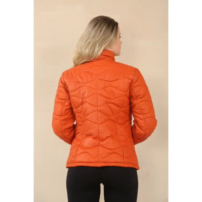 Women's Puffer Quilted Mid Length Leather Jacket - Image 14