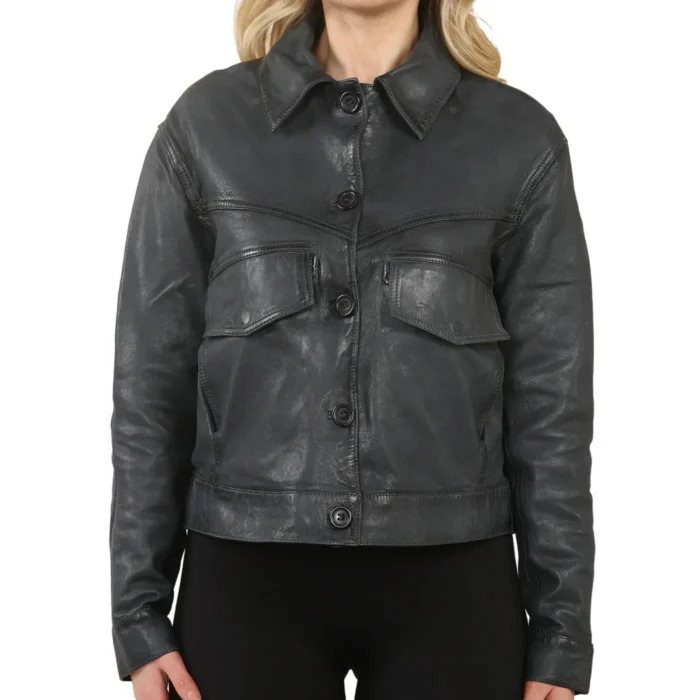 Women's Retro Classic Collar Biker Leather Jacket - Image 1