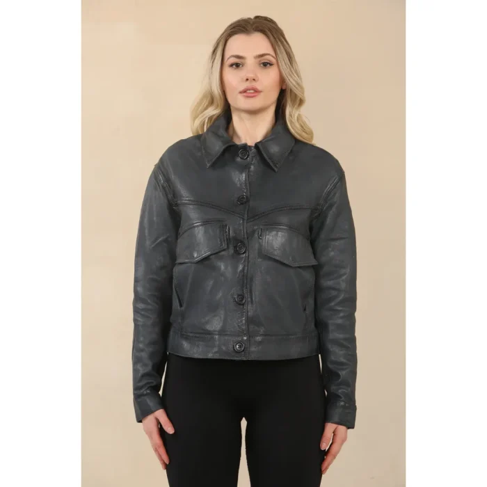 Women's Retro Classic Collar Biker Leather Jacket - Image 6