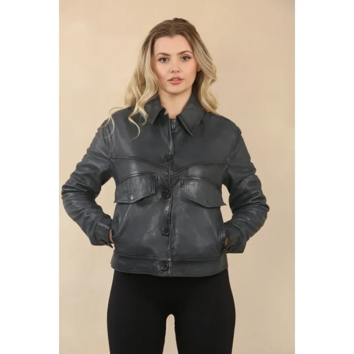 Women's Retro Classic Collar Biker Leather Jacket - Image 5