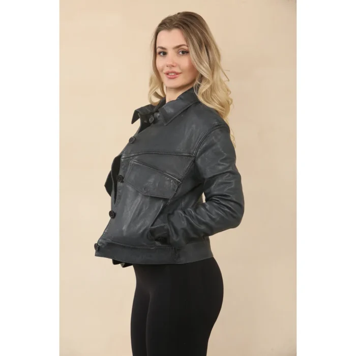 Women's Retro Classic Collar Biker Leather Jacket - Image 4
