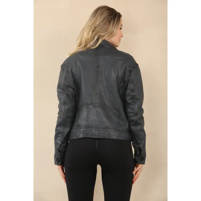 Women's Retro Classic Collar Biker Leather Jacket - Image 3