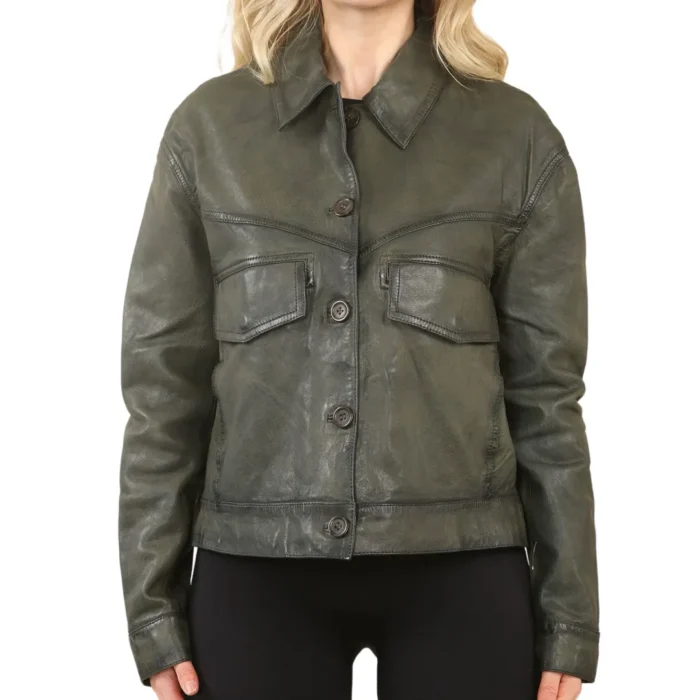 Women's Retro Classic Collar Biker Leather Jacket - Image 8