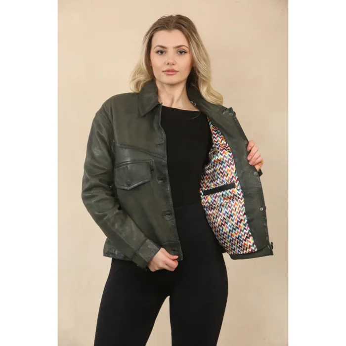 Women's Retro Classic Collar Biker Leather Jacket - Image 14