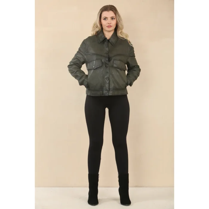 Women's Retro Classic Collar Biker Leather Jacket - Image 11