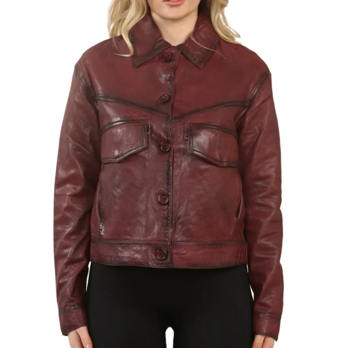 Women's Retro Classic Collar Biker Leather Jacket - Image 15