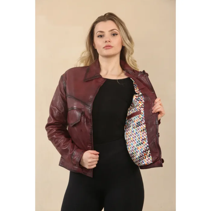 Women's Retro Classic Collar Biker Leather Jacket - Image 21