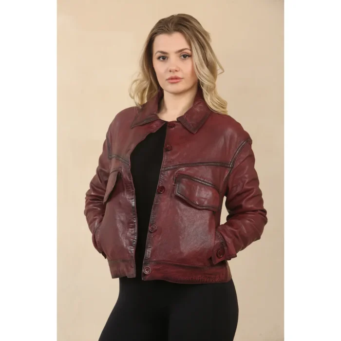 Women's Retro Classic Collar Biker Leather Jacket - Image 18