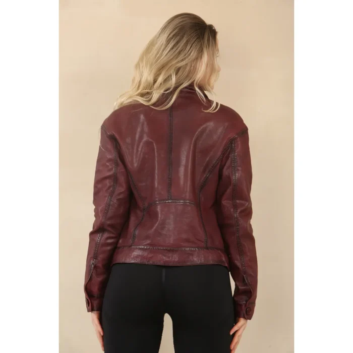Women's Retro Classic Collar Biker Leather Jacket - Image 16