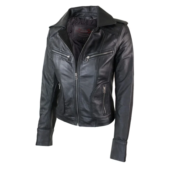 Ladies Women Real Leather Biker Rock Purple Red Slim Fit Jacket - Image 2