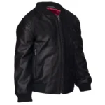Boys Girls Kids Unisex Real leather Bomber Style Jacket Varsity Zip Black Blue - Image 2