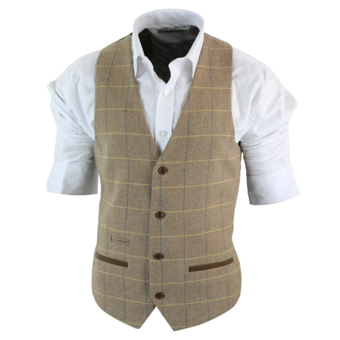 Mens Vintage Tweed Check Waistcoat Herringbone Tan Brown Grey Slim Fit Velvet Trim - Image 6
