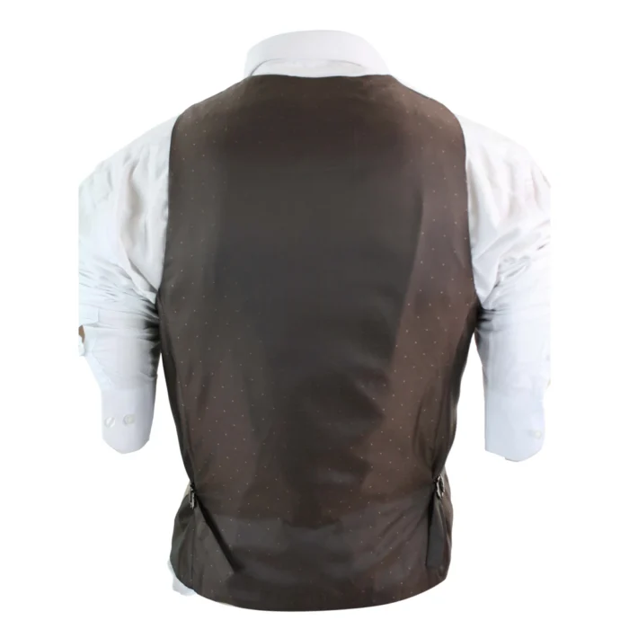 Mens Vintage Tweed Check Waistcoat Herringbone Tan Brown Grey Slim Fit Velvet Trim - Image 7