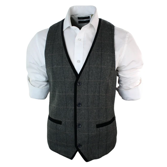 Mens Vintage Tweed Check Waistcoat Herringbone Tan Brown Grey Slim Fit Velvet Trim - Image 3