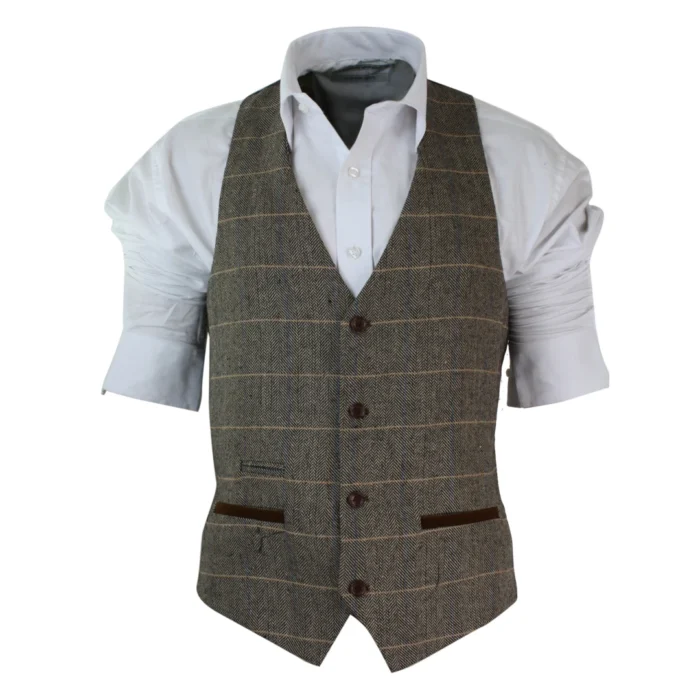 Mens Vintage Tweed Check Waistcoat Herringbone Tan Brown Grey Slim Fit Velvet Trim - Image 1