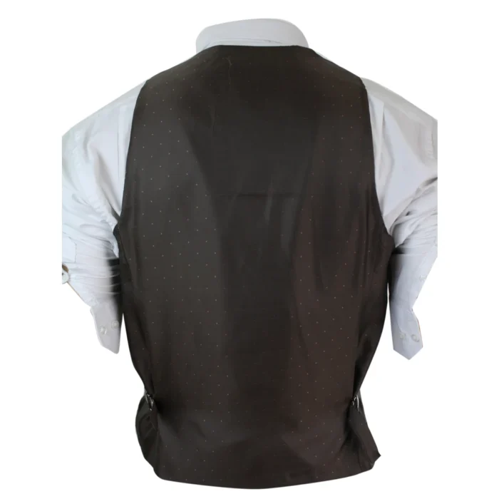 Mens Vintage Tweed Check Waistcoat Herringbone Tan Brown Grey Slim Fit Velvet Trim - Image 2