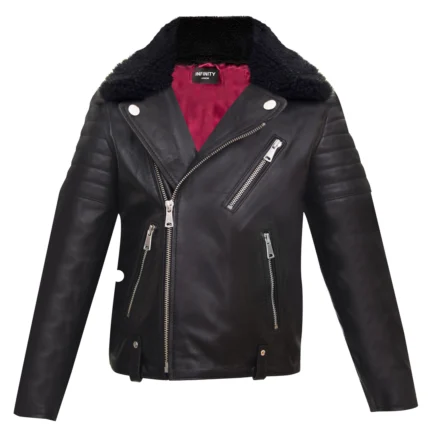 Boys Kids Real leather Biker Style Jacket Brando Cross Zip Black Fur Collar