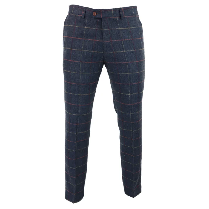 Mens Navy Blue Wine Trousers Check Herringbone Tweed Vintage New Marc Darcy - Image 1