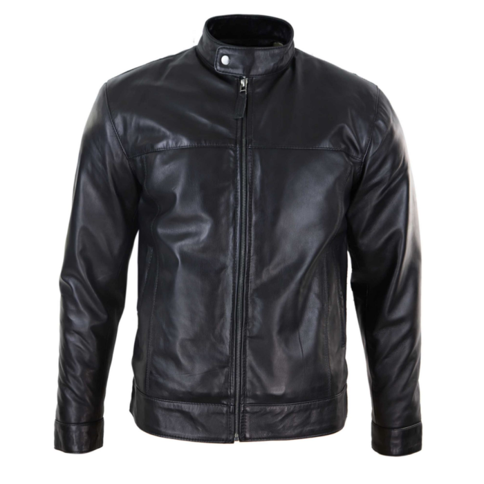 Mens Classic Zip Real Leather Jacket Nehru Grandad Collar Biker Style - Image 1
