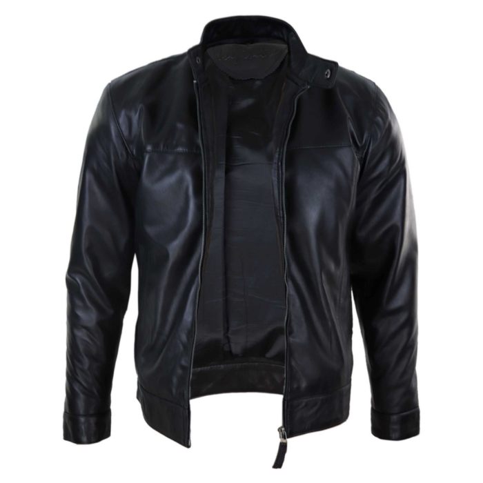 Mens Classic Zip Real Leather Jacket Nehru Grandad Collar Biker Style - Image 5
